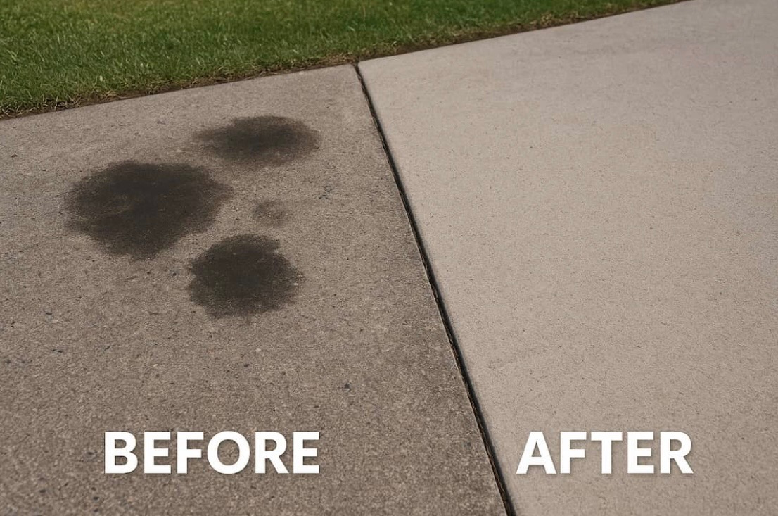 Oil stain removal before and after on concrete